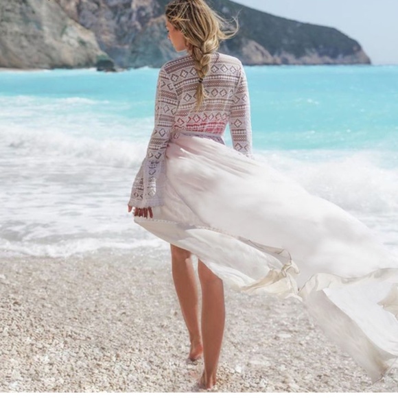 Boho white lace maxi dress cover up waist Kimono - Picture 4 of 9